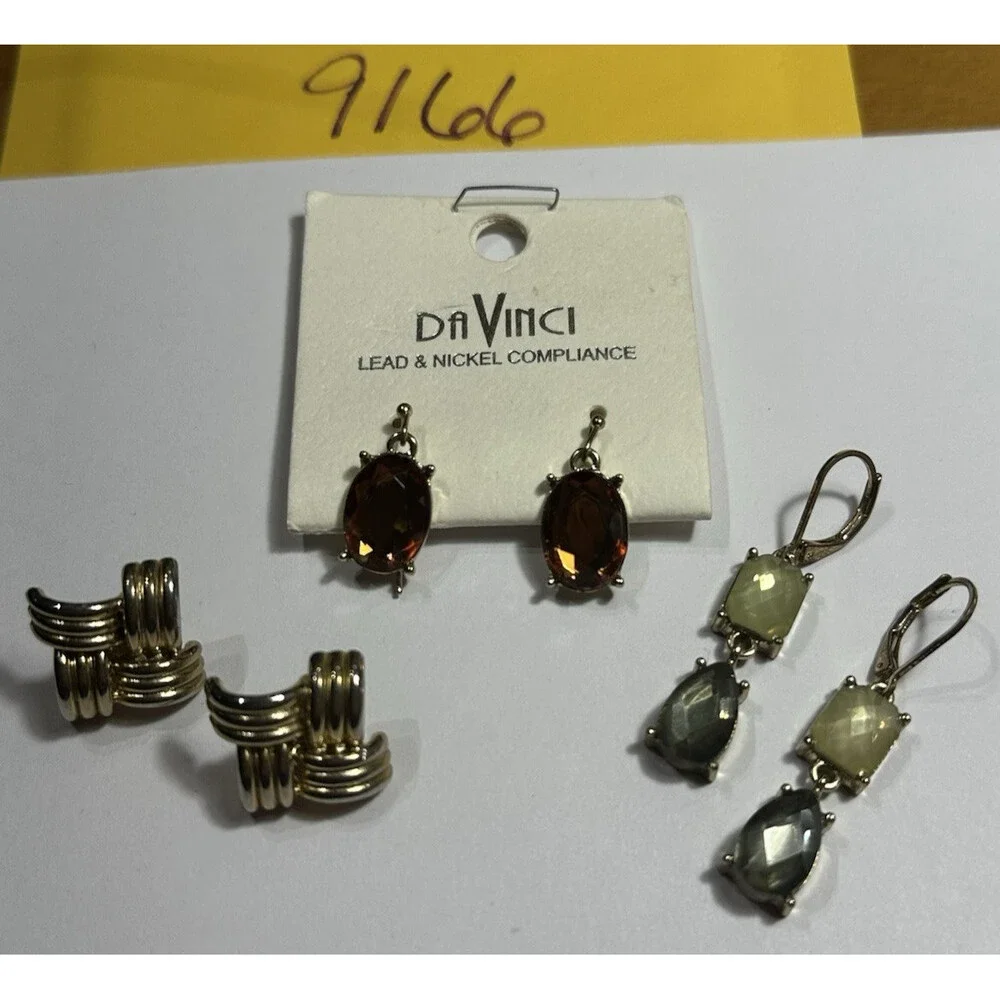 3Pc Mixed Earrings Lot Da Vinci Gemstone Gold Tone Vintage Style New & Used
